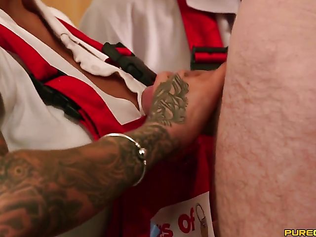 CFNM handjob in uniform with Abigail Angel, Alice Judge and Cindy Sun