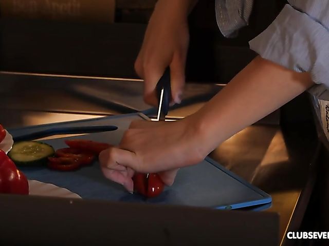 Club Seventeen - Shaved sexy teen with natural boobies gets boned in the kitchen