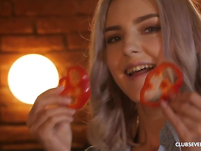 Club Seventeen - Shaved sexy teen with natural boobies gets boned in the kitchen