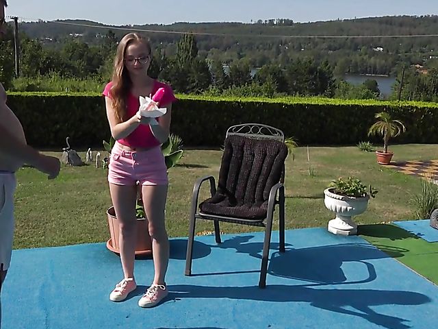 Lady Bug - Shaved girl with glasses outdoor solo