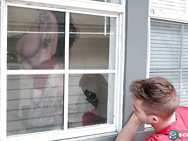 Peeping Tom loves Nyx Monroe's huge natural tits