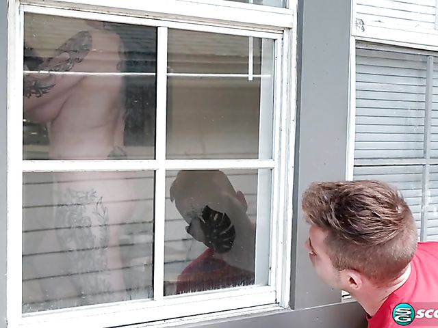 Peeping Tom loves Nyx Monroe's huge natural tits