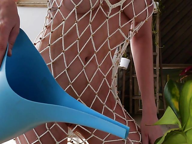 Short hair big tits babe in a fishnet bodysuit Skye Blue watering the flowers