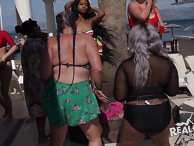 Poolside amateur party and sex games with drunk bikini girls