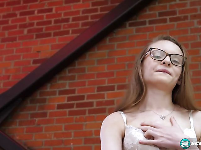 Skinny teen schoolgirl with glasses Jessae Rosae fingers her wet hole