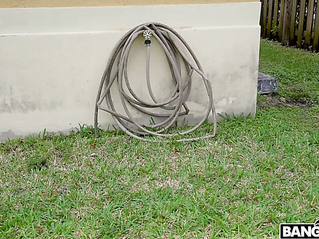 Big tits big ass girl Valentina Jewels masturbates with a garden hose in the backyard before she gets a real cock