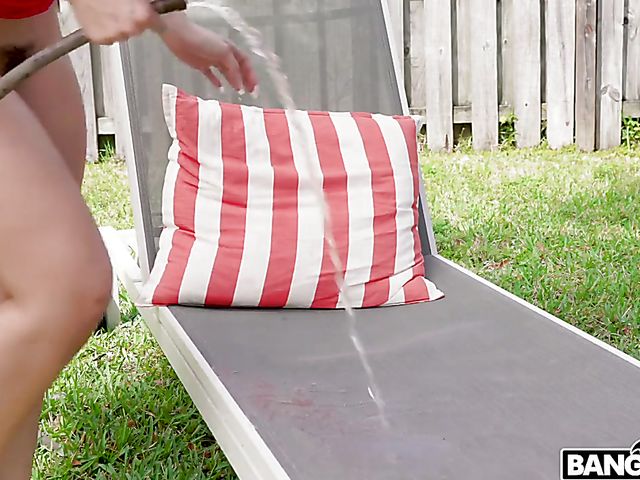 Big tits big ass girl Valentina Jewels masturbates with a garden hose in the backyard before she gets a real cock