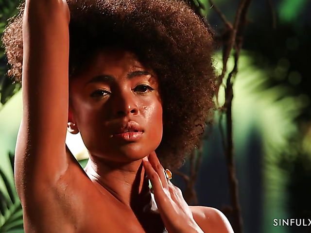 Erotic ebony solo with curly Luna Corazon in the dark