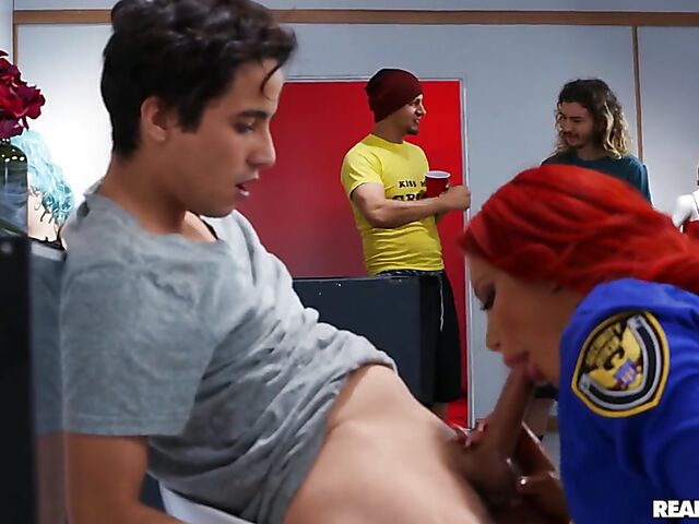 Ricky Spanish caught in the act by the busty police woman with red hair and huge fake tits Nicolette Shea