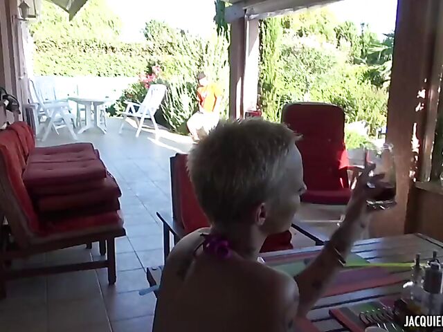 Short hair MILF slut Eva fucks a pool boy and takes a bath with her maid