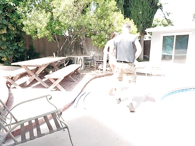 Cute teen Mackenzie Mace and her stepdad get it started in the backyard