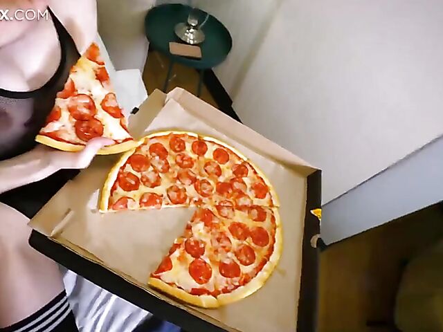 3 girls 1 guy strapon foursome with a pizza delivery boy