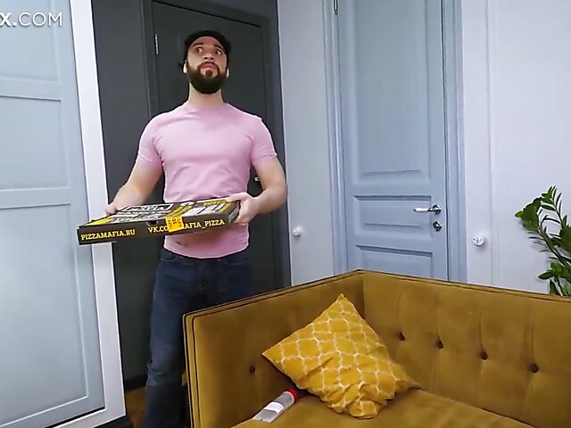 3 girls 1 guy strapon foursome with a pizza delivery boy