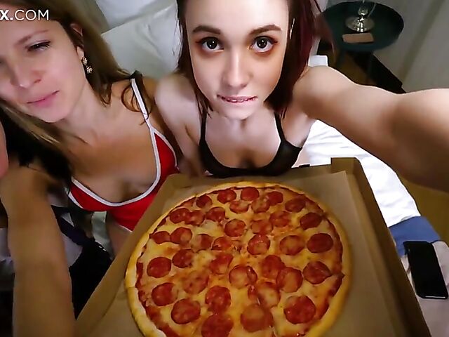 3 girls 1 guy strapon foursome with a pizza delivery boy
