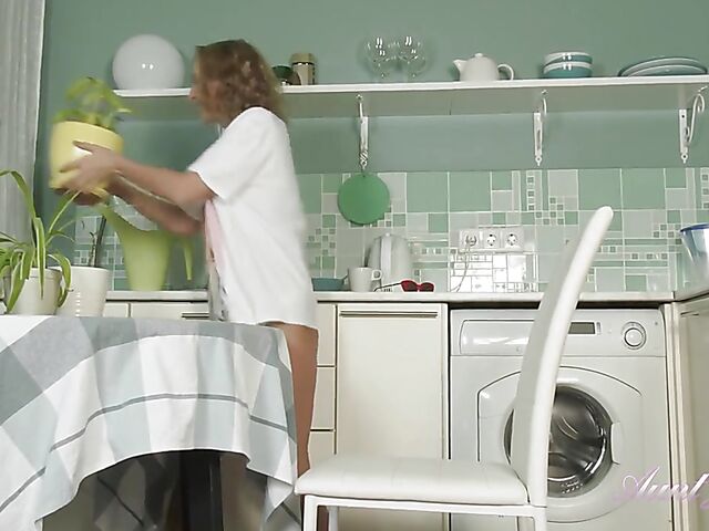 Irena - Lonely MILF kitchen fun with her shaved snatch