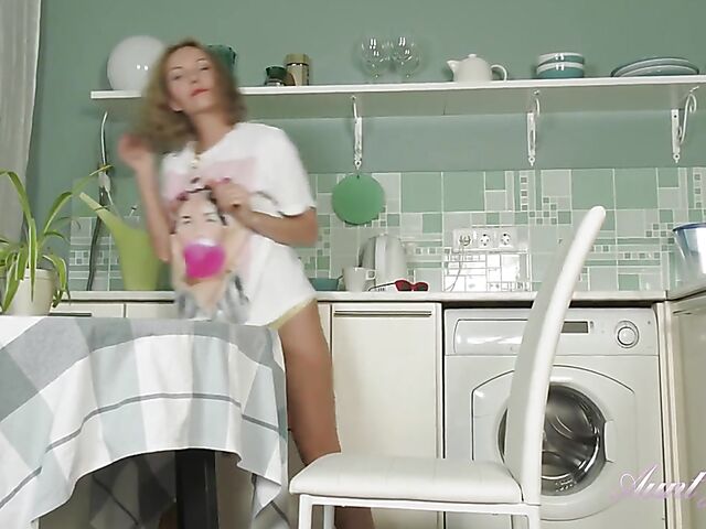 Irena - Lonely MILF kitchen fun with her shaved snatch