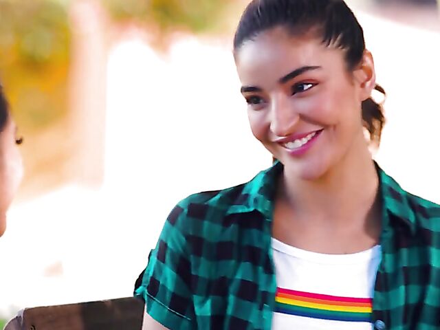 Young lesbian Emily Willis and her exotic friend Ember Snow do it on the couch