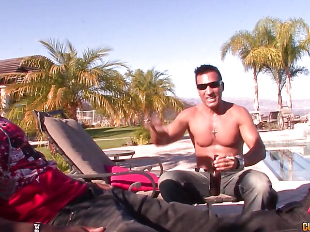 Huge boobs brunette Sienna West sucking black cock in the pool