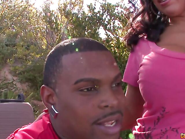 Huge boobs brunette Sienna West sucking black cock in the pool