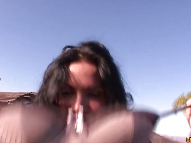 Huge boobs brunette Sienna West sucking black cock in the pool