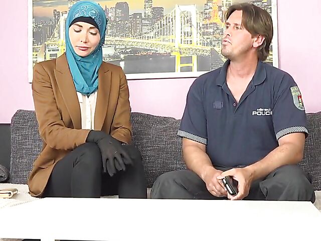 Muslim sex with shaved Venera Maxima sucking and fucking with her blue hijab on