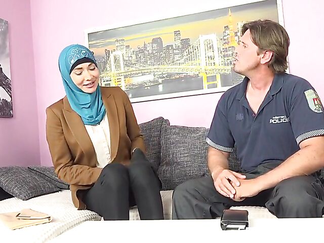 Muslim sex with shaved Venera Maxima sucking and fucking with her blue hijab on