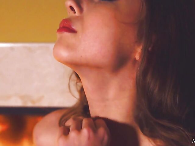 Erotic hot babe solo with Mila Azul drinking wine and masturbating by the fire