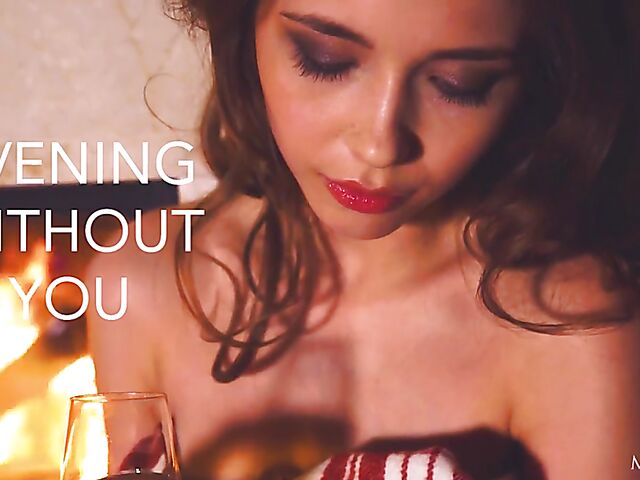 Erotic hot babe solo with Mila Azul drinking wine and masturbating by the fire