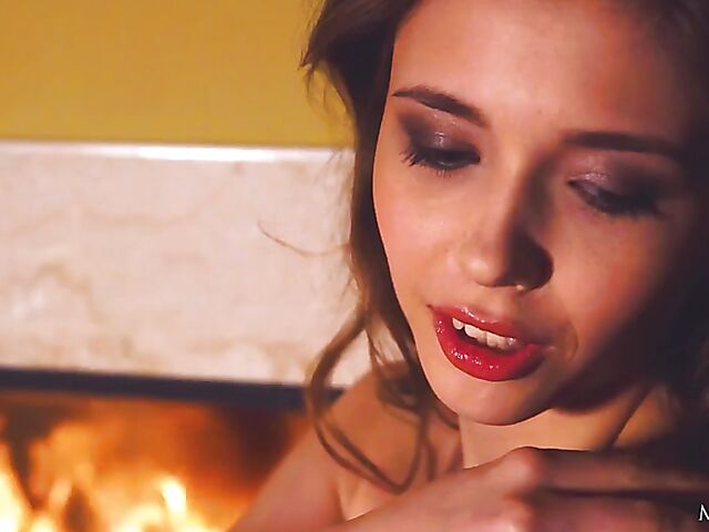 Erotic hot babe solo with Mila Azul drinking wine and masturbating by the fire