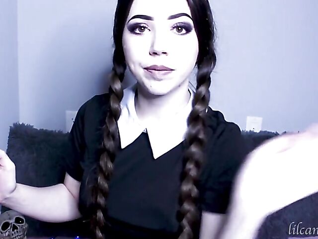 Kinky dildo blowjob with pigtailed LilCanadianGirl as Wednesday Addams