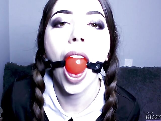 Kinky dildo blowjob with pigtailed LilCanadianGirl as Wednesday Addams