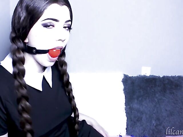 Kinky dildo blowjob with pigtailed LilCanadianGirl as Wednesday Addams