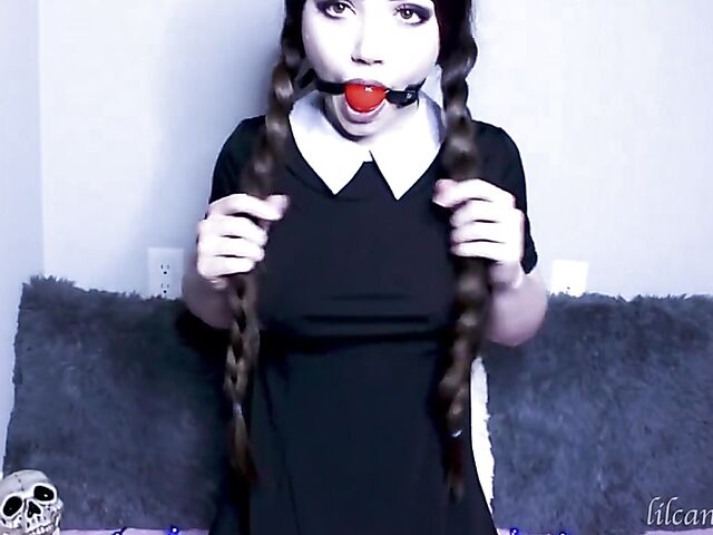 Kinky dildo blowjob with pigtailed LilCanadianGirl as Wednesday Addams
