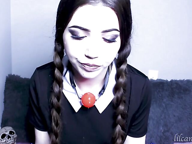 Kinky dildo blowjob with pigtailed LilCanadianGirl as Wednesday Addams