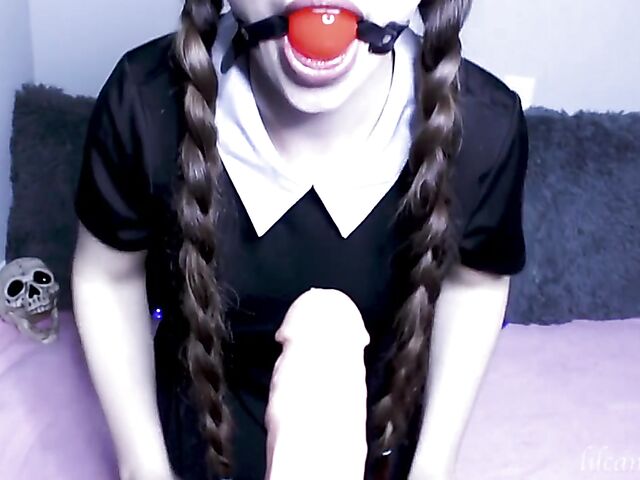 Kinky dildo blowjob with pigtailed LilCanadianGirl as Wednesday Addams