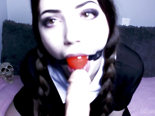 Kinky dildo blowjob with pigtailed LilCanadianGirl as Wednesday Addams