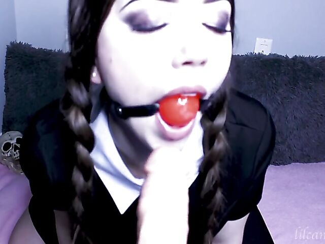 Kinky dildo blowjob with pigtailed LilCanadianGirl as Wednesday Addams