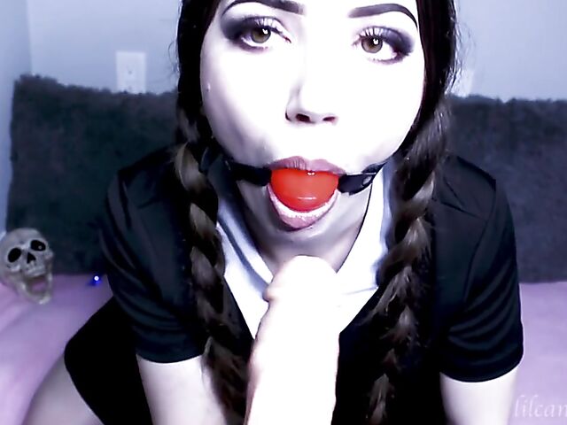 Kinky dildo blowjob with pigtailed LilCanadianGirl as Wednesday Addams