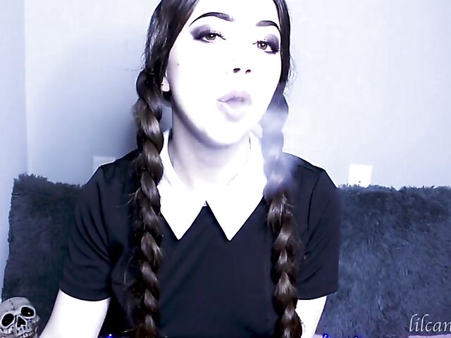 Kinky dildo blowjob with pigtailed LilCanadianGirl as Wednesday Addams