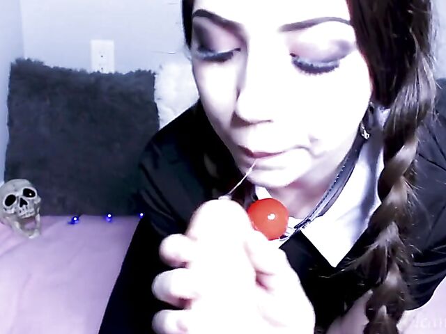 Kinky dildo blowjob with pigtailed LilCanadianGirl as Wednesday Addams