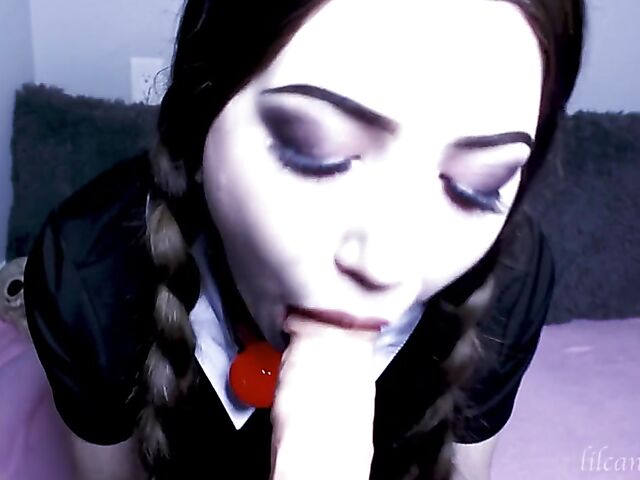 Kinky dildo blowjob with pigtailed LilCanadianGirl as Wednesday Addams
