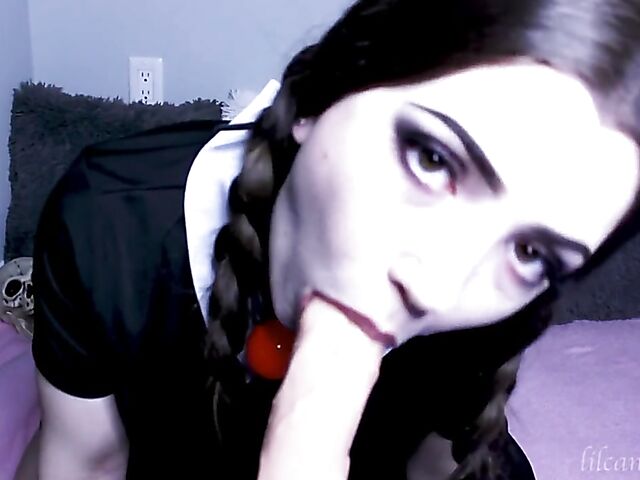Kinky dildo blowjob with pigtailed LilCanadianGirl as Wednesday Addams