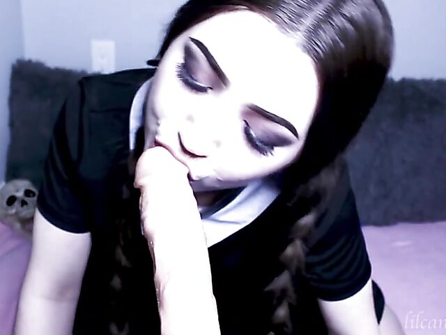 Kinky dildo blowjob with pigtailed LilCanadianGirl as Wednesday Addams
