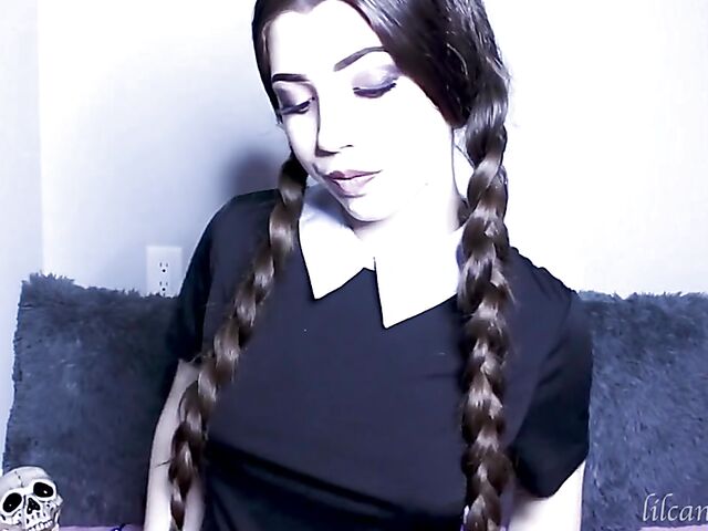 Kinky dildo blowjob with pigtailed LilCanadianGirl as Wednesday Addams