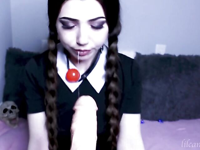 Kinky dildo blowjob with pigtailed LilCanadianGirl as Wednesday Addams