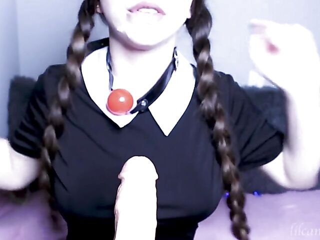 Kinky dildo blowjob with pigtailed LilCanadianGirl as Wednesday Addams