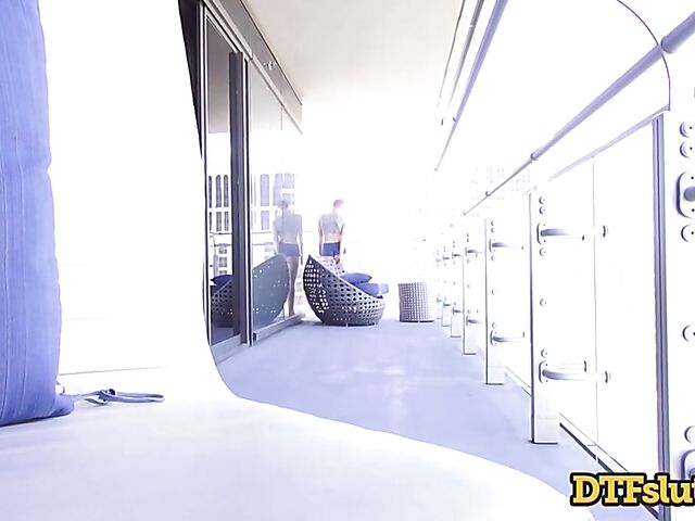 Shaved head girl Riley Nixon shows her cunt to James Deen and takes his cock