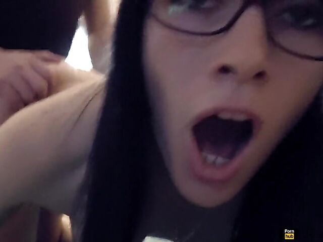 Amateur brunette with glasses gets creampied from behind