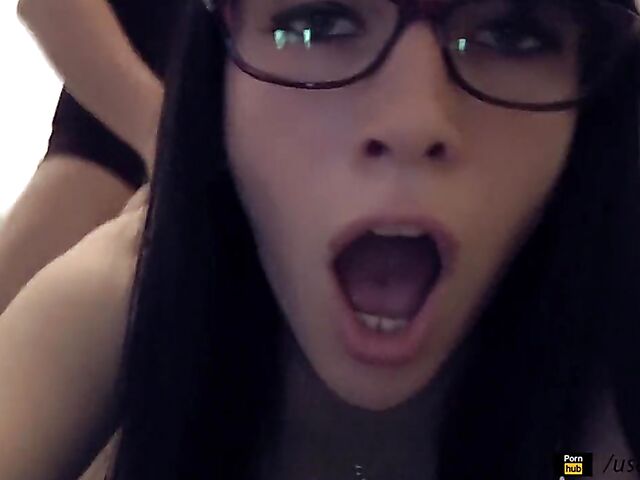 Amateur brunette with glasses gets creampied from behind