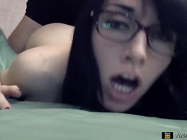 Amateur brunette with glasses gets creampied from behind